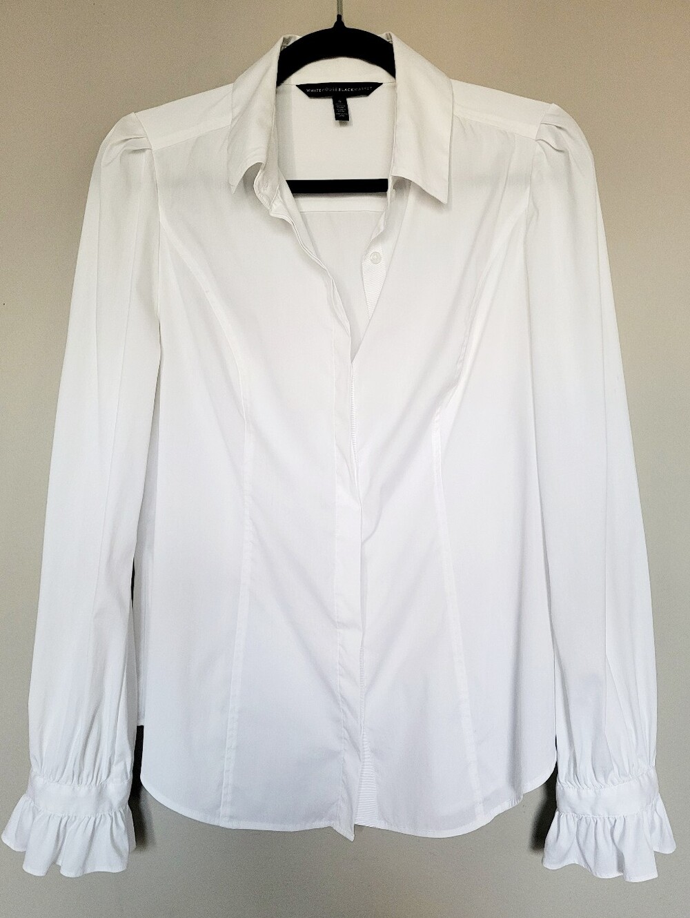 White House Black Market White Ruffle-Cuff Button Down Cotton Blnd Shirt 6/Small - Picture 3 of 16